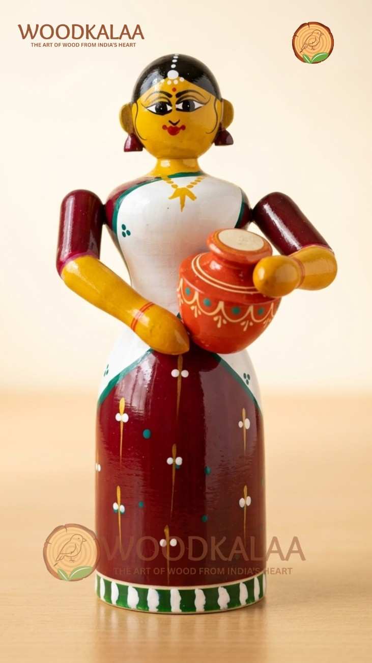 WOODEN VILLAGE LADY WITH POT