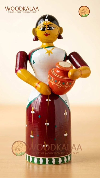 WOODEN VILLAGE LADY WITH POT