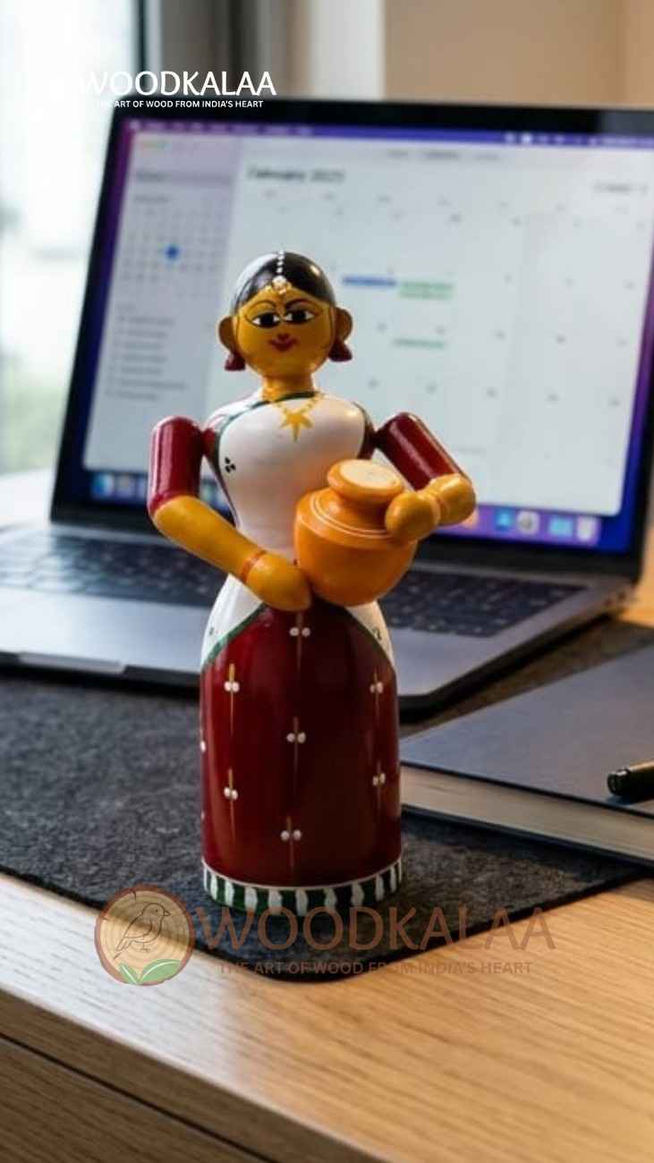 WOODEN VILLAGE LADY WITH POT