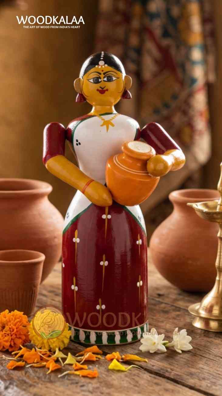 WOODEN VILLAGE LADY WITH POT