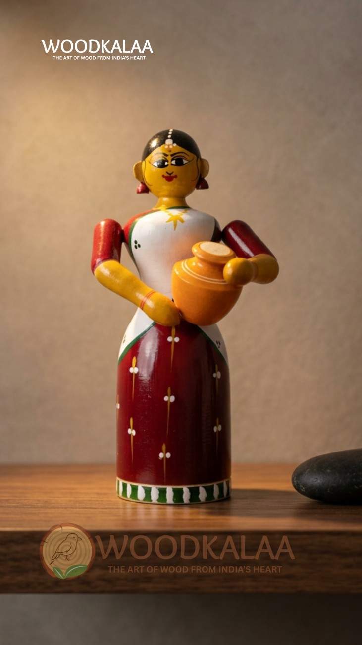 WOODEN VILLAGE LADY WITH POT
