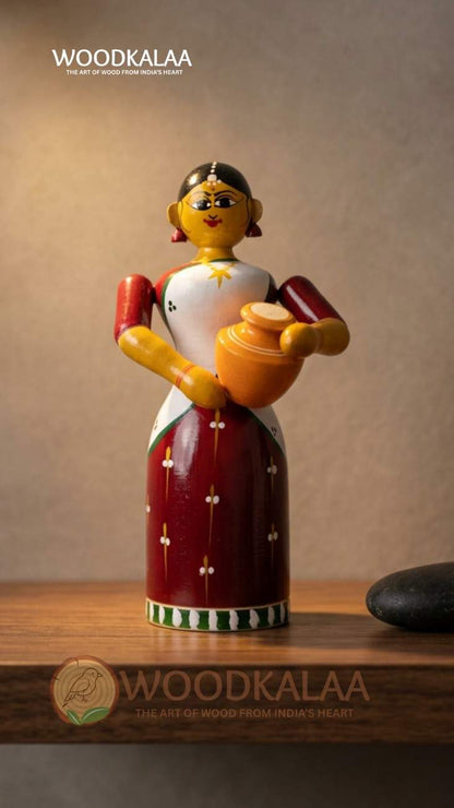 WOODEN VILLAGE LADY WITH POT