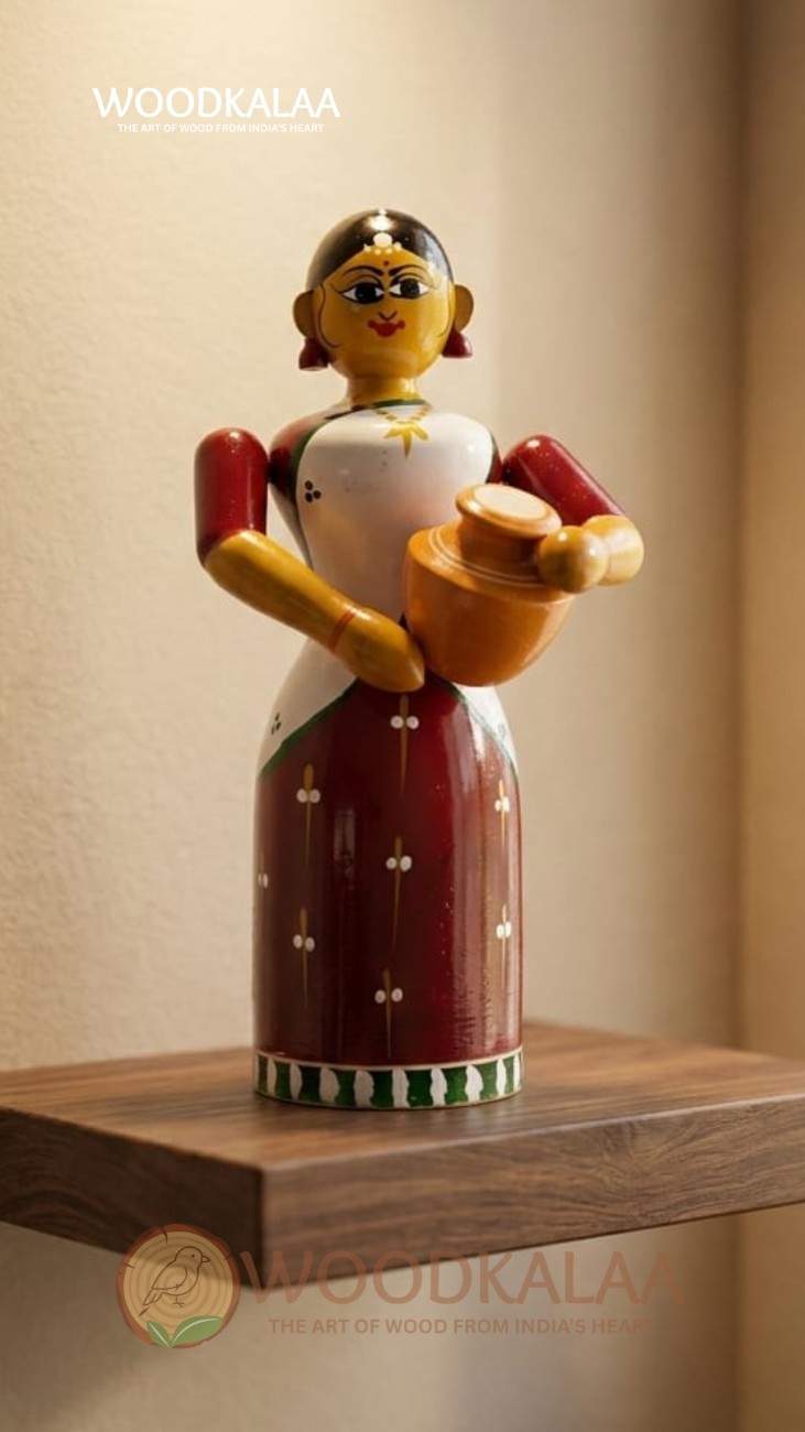 WOODEN VILLAGE LADY WITH POT